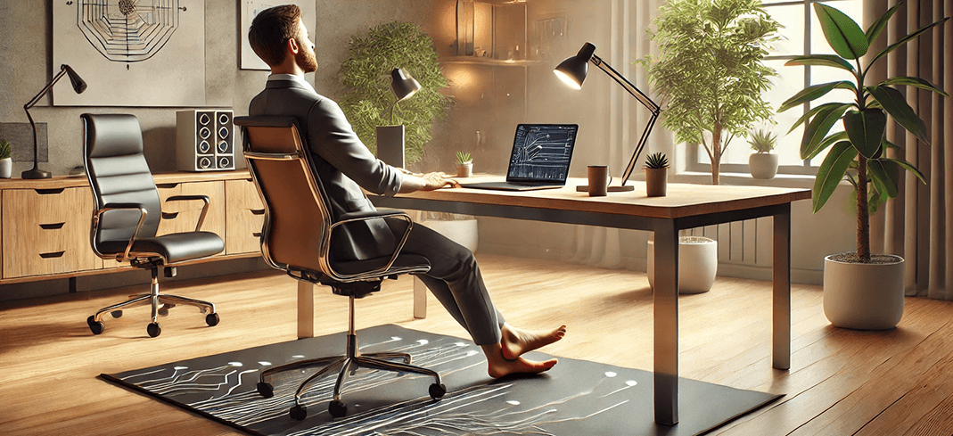 desk worker barefoot and grounding at office