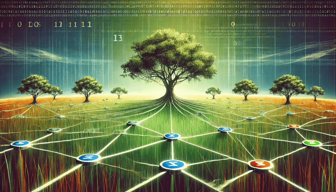 Illustration depicting natural links in SEO with interconnected websites represented as digital nodes connected by organic, vine-like links.