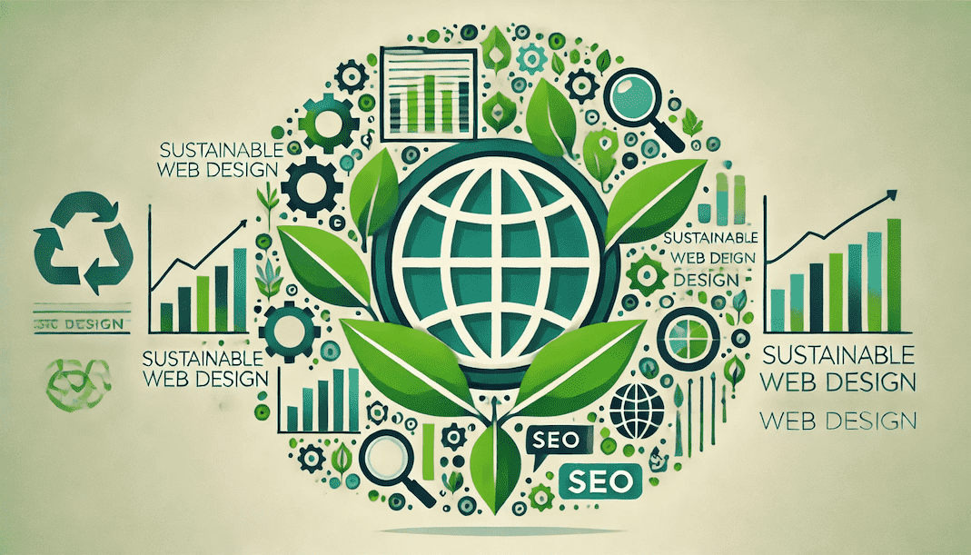 Graphic illustrating sustainable web design and its impact on SEO, featuring eco-friendly symbols like a leaf and globe combined with SEO elements like search engine and ranking arrows.